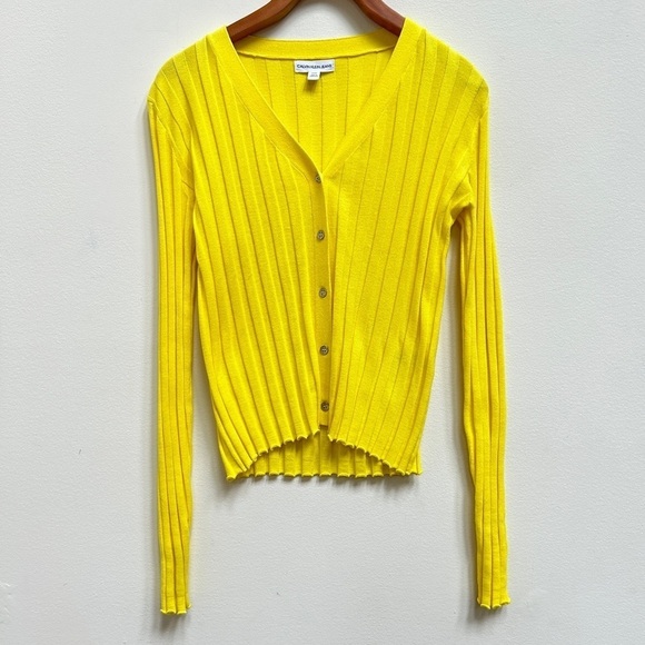Calvin Klein Jeans Yellow Rib Knit V-Neck Cotton Cardigan - Picture 2 of 8